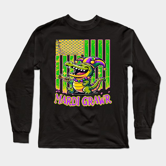 Mardi Grawr, Cajun Carnival Croc Long Sleeve T-Shirt by maknatess